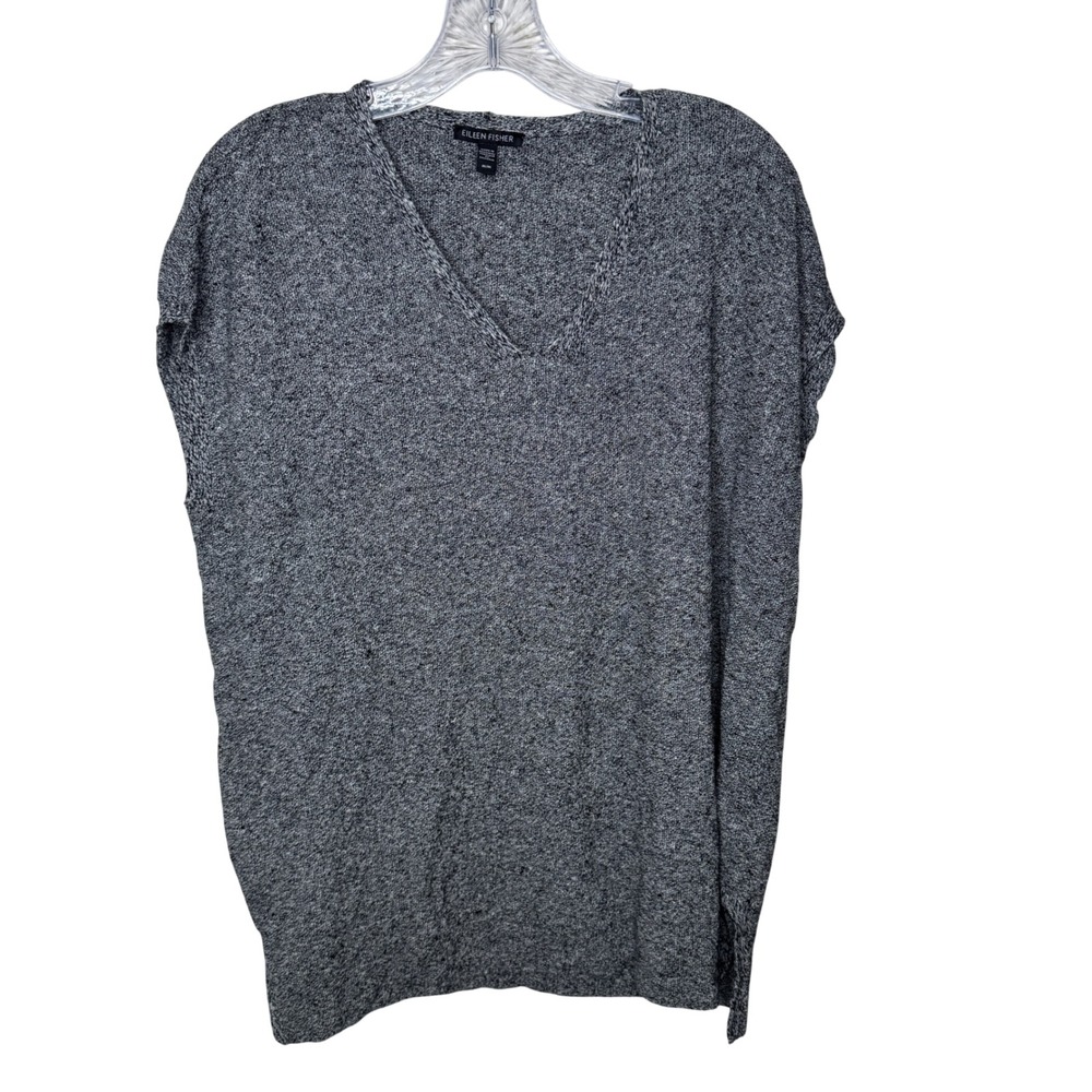 Eileen Fisher Womens Medium Grey Organic Linen Cotton Marled V-Neck Sweater Vest